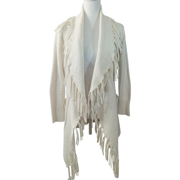 7TH AVENUE! VANILLA CREAM FRINGED, FINELY KNIT, POCKETED CARDIGAN SWEATER! SZ XS - Picture 2 of 12